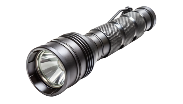 A powerful, heavyduty metal flashlight with a textured grip, ideal for outdoor adventures isolated on transparent background