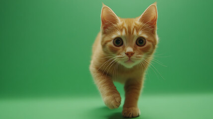 Playful ginger kitten exploring a vibrant green background, showcasing curiosity and charm