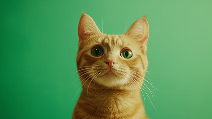 Close-up portrait of a curious orange tabby cat against a vibrant green background