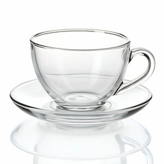 Glass teacup with transparent body isolated on a clean white background.