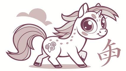 Cute cartoon pony illustration for kids coloring pages and animal character design with chinese symbol art