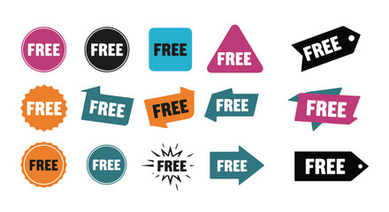 Fototapeta premium Vector Set of Free Labels and Tags – Colorful Flat Badge Icons for Promotions, Giveaways, Discounts, and E-commerce Marketing Graphics