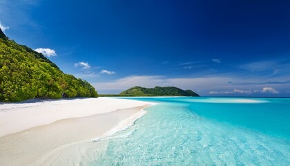 a dreamy luxury beach destination soft white sand curving around a bright blue lagoon