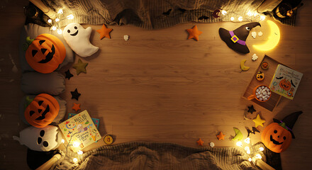 Cozy Halloween Still Life with Pumpkins, Ghosts, Witch Hat, and Warm Lighting on Wooden Background, Copy Space