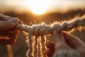 Hands Holding Knotted Rope at Sunset.