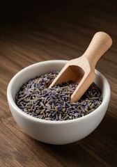 Dried Lavender Buds in White Bowl with Wooden Scoop