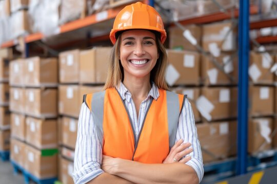 Warehouse safety event female worker in safety gear industrial warehouse professional environment confident viewpoint - Powered by Adobe