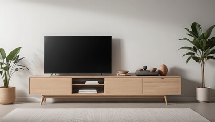 A modern living room featuring a flat screen tv on a wooden console with plants and decor items