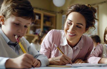 A dedicated female teacher with a warm smile is seen assisting a young boy with his writing in a bright classroom setting, fostering a positive and supportive educational experience
