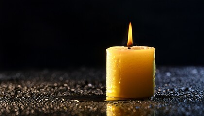 close up of yellow candle burning on wet surface in dim light