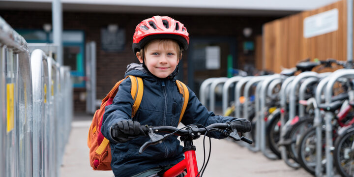 A cheerful boy, protected by a red helmet, carrying backpack, smiles confidently while sitting on his bicycle. Behind him, a row of parked bikes suggests a school, active transport for children. - Powered by Adobe