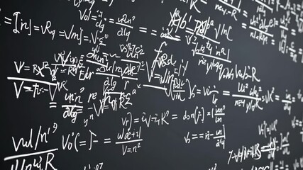 Hand drawn physics formula background animation, electric and electronic basic formulas flying through 3D space from a blackboard - Powered by Adobe