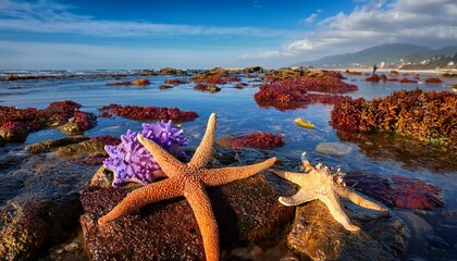 colorful starfish and sea creatures found on rocky ocean floor during low tide at a beach