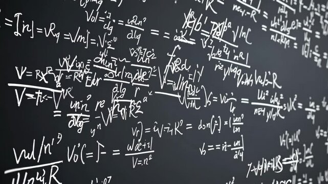 Hand drawn physics formula background animation, electric and electronic basic formulas flying through 3D space from a blackboard