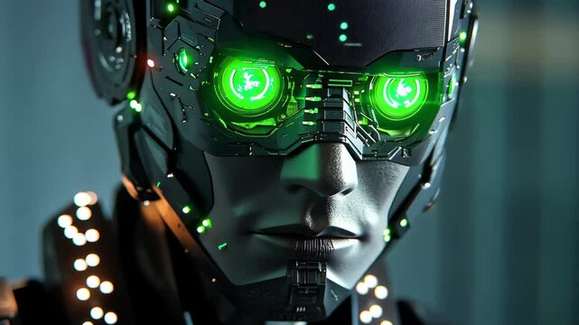 Cyborg humanoid with glowing green eyes in a high tech environment at night, Male cyborg humanoid with green glowing eyes