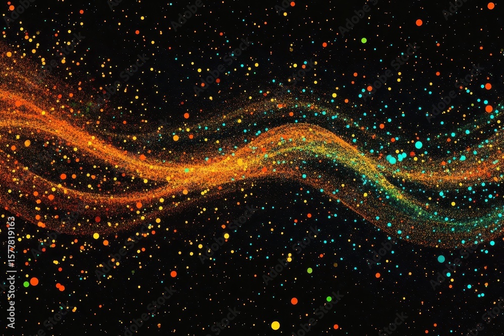 Poster colorful abstract particles wave background creates vibrant visuals with scattered dots and dynamic 