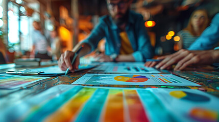 Close-up scene of someone analyzing printed charts and graphs on a desk. Ideal for themes of business strategy, financial review, data-driven decision-making, and corporate reporting.