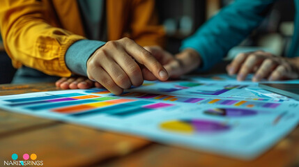 Fototapeta premium Close-up scene of someone analyzing printed charts and graphs on a desk. Ideal for themes of business strategy, financial review, data-driven decision-making, and corporate reporting.