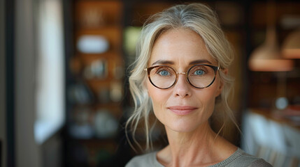 Middle-aged woman standing in an elegant home office with a serious, composed expression