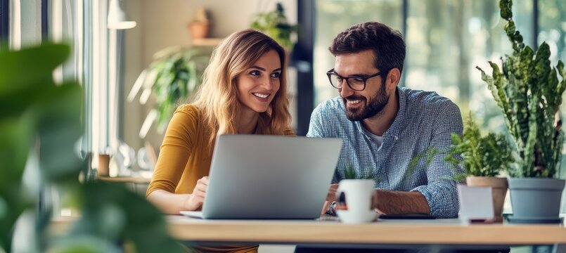 Black woman in modern workplace helping male team member by pointing to laptop, both working on technology-based project as part of a young, diverse team using digital systems at work - Powered by Adobe