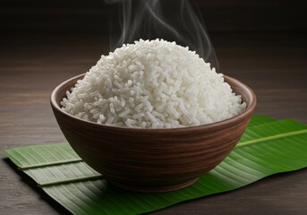 Steaming Hot Bowl of White Rice on Banana Leaf
