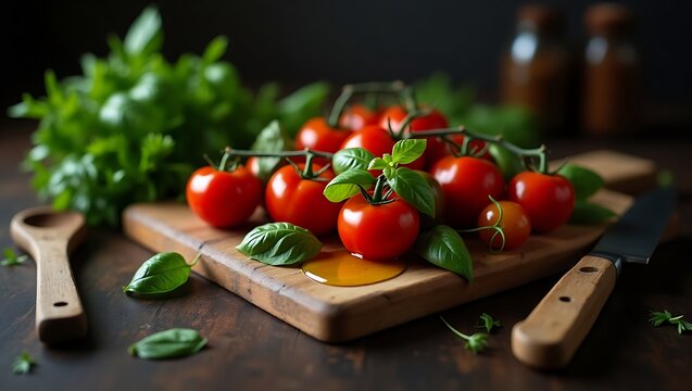 Fresh Tomatoes and Basil on Wooden Cutting Board