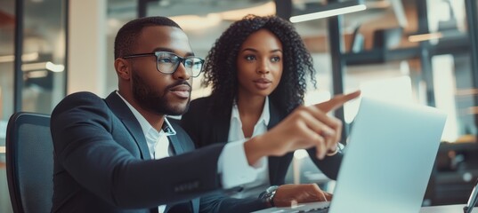 Businesswoman in office pointing to laptop screen, helping male coworker understand work task, part of diverse young team collaborating on project with digital tech tools in corporate setting