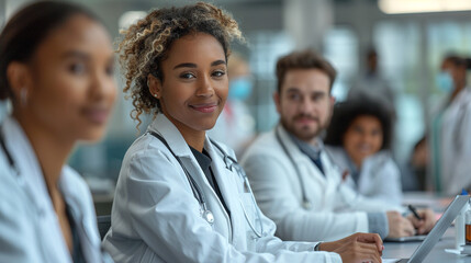 Fototapeta premium Team of diverse medical professionals engaged in a case discussion around a tablet in a bright hospital meeting room, wearing clean white coats and expressing focused collaboration