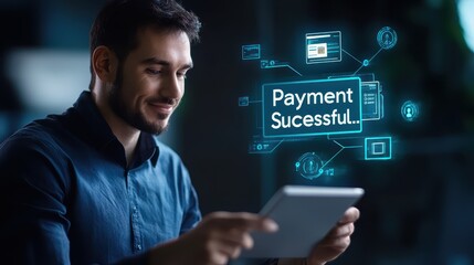 Obraz premium Satisfied businessman gazes at tablet after successful payment transaction