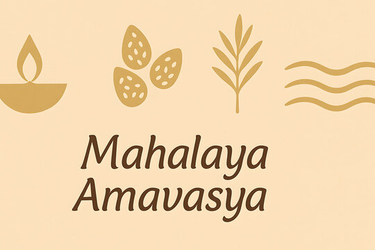 Minimal Mahalaya Amavasya banner with traditional symbols including diya, sesame seeds, kusha grass, and flowing river lines
