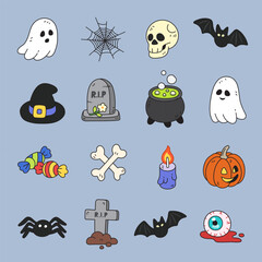 set of halloween doodle vector illustration, cute cartoon