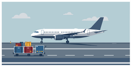 Fototapeta premium Airplane on runway with baggage cart nearby, flat vector airport scene