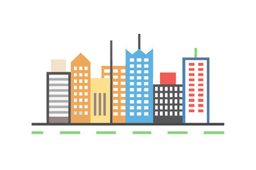 Obraz premium Colorful flat design cityscape with modern skyscrapers and a road