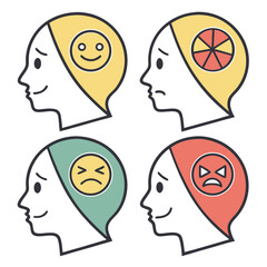 Four head profiles showing different emotions with smileys and pie chart inside of the head shapes