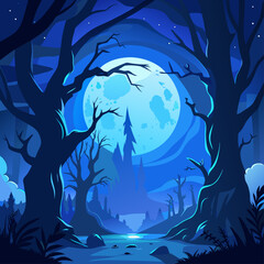 Enchanted forest with a large full moon and a mysterious castle silhouette