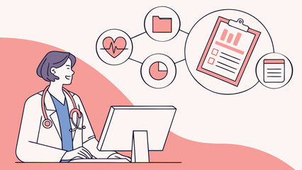 A doctor working on a computer with medical icons representing health data and patient records online