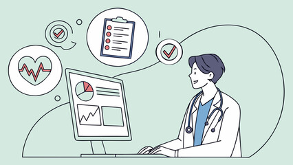 Doctor reviewing medical data on computer with heart rate and checklist icons in a modern setting design