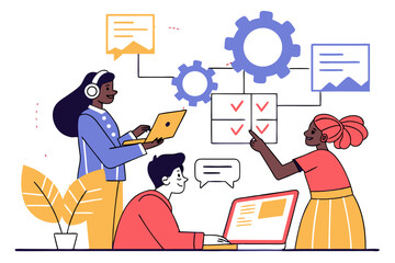 Team collaboration with laptops and task management board for project planning and productivity boost