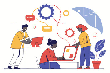 Team collaboration with gears and computers in a modern office environment illustration