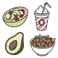 Illustration featuring a smoothie, avocado, fruit bowl, and strawberry salad arranged on a white background