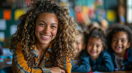 Fototapeta premium A teacher with natural curly hair in focus, with children visible in the background of a classroom. Captures a warm, inclusive, and educational environment — ideal for themes of learning, diversity