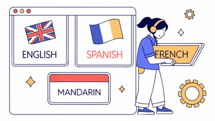 Woman with headphones holding a french sign in front of a language selection interface with flags and text