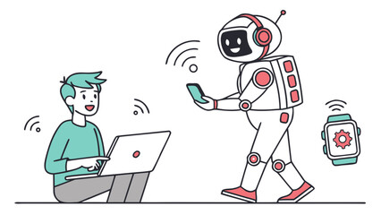 Man using laptop interacting with robot holding a phone and a smartwatch with wireless connection shown