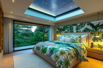 A modern bedroom with tropical-themed bedding, featuring a skylight that opens to a beautiful starry night sky. The natural light, combined with the vibrant greenery and calming ambiance, 