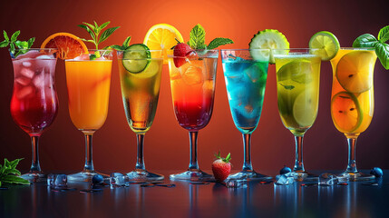 A realistic and vibrant arrangement of colorful cocktails in elegant glassware, presented in a commercial-ready setting. Ideal for themes of celebration, nightlife, summer parties, mixology, and bever