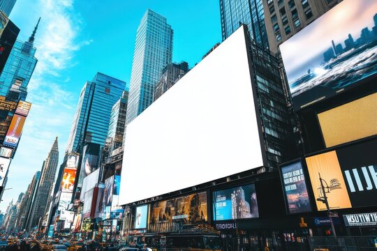 Front wall billboard mockup with clean white screen in Times Square road, New York City, blank rectangular display for outdoor advertising or promotional design presentation