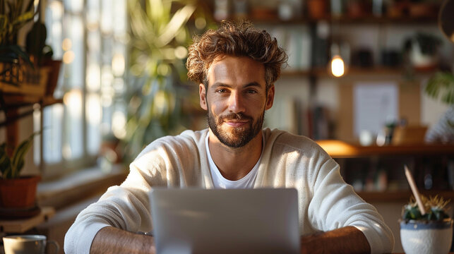 Young digital marketer at a clean desk designing an email campaign using a laptop and phone, in a bright modern workspace
