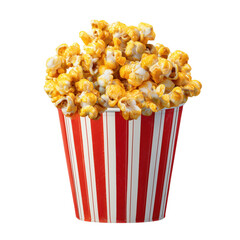 Delicious caramel popcorn overflowing a classic red and white striped popcorn bucket