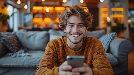 Fototapeta premium Young man smiling while shopping online using his smartphone, cozy home interior and ambient lighting highlighting the moment