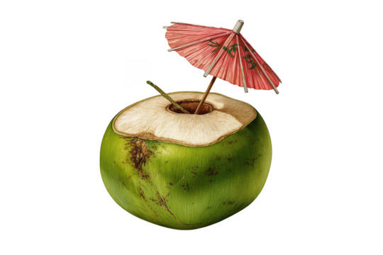 Refreshing green coconut drink with a decorative paper umbrella - Powered by Adobe